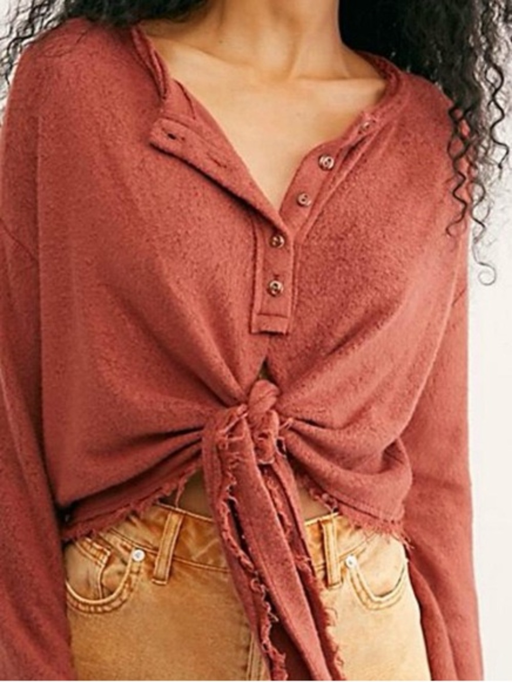 Free People Rust Emma’s Henley Top Small Tie Front Boho Long Sleeve Cropped